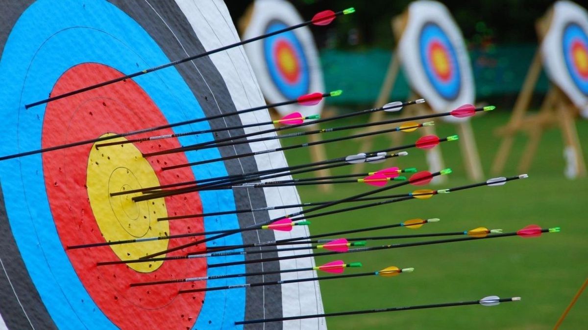 Close view of an archery target with arrows in it, with more targets on the grass behind.