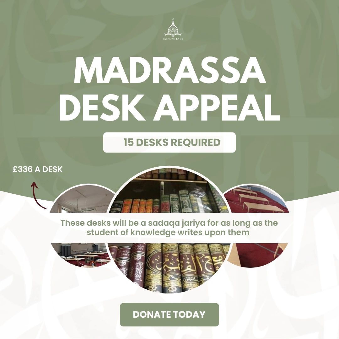 Madrassa Desk Appeal graphic: 15 desks required at £336 a desk, with photos of classroom desks and books.