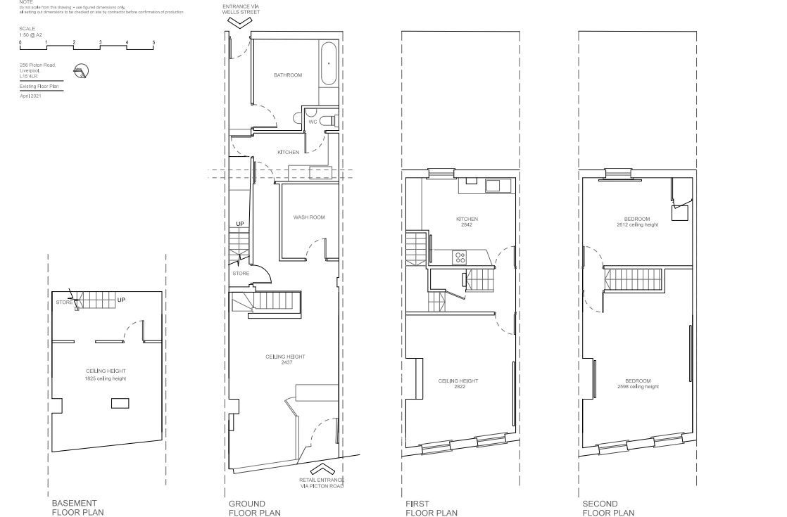 Existing floor plans of a narrow building over four levels: basement, ground, first and second floor.