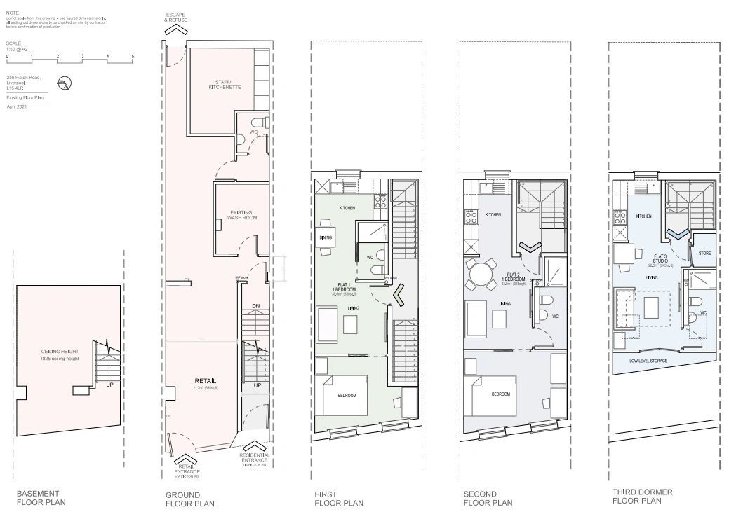 Proposed floor plans of a narrow building: retail on the ground floor and three flats above, with a basement.