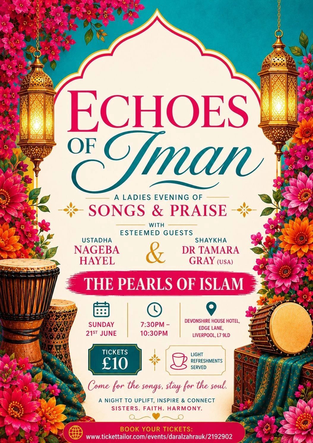 Poster for Echoes of Iman, a ladies evening of songs and praise called The Pearls of Islam, Liverpool, Sunday 21 June.