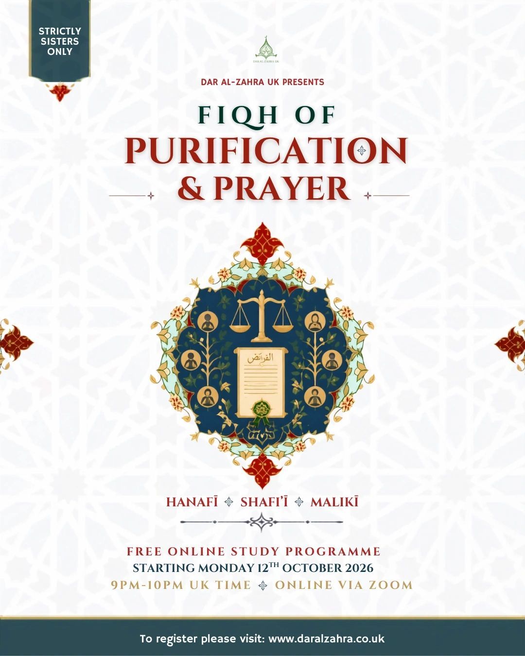 Poster for Fiqh of Purification and Prayer, a free online study programme for sisters from Monday 12 October 2026.